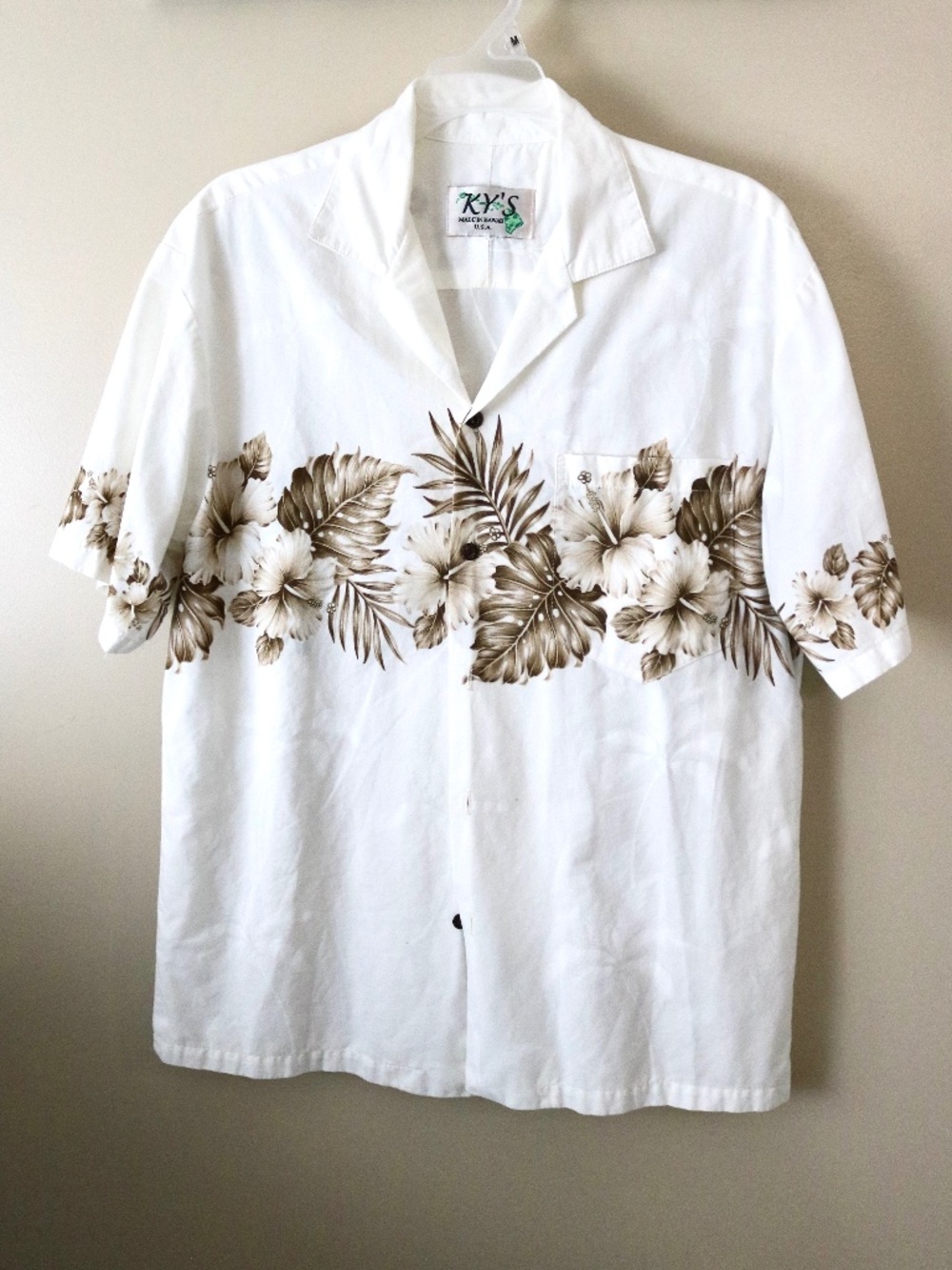 KY's Hawaiian Hibiscus Row Button Up Shirt Mens Small White Brown Floral Summer
